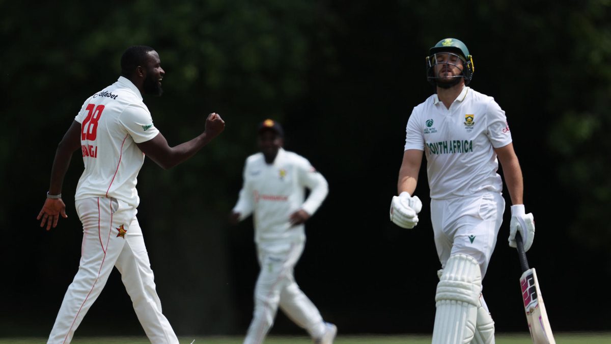 Tanaka Chivanga of Zimbabwe celebrates bowling Wiaan Mulder of South Africa LBW during a warm up match between South Africa and Zimbabwe ahead of the ICC World Test Championship Final 2025 on June 04, 2025 in Arundel, England