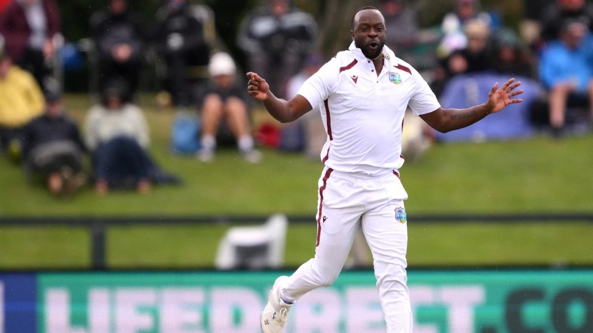 Kemar Roach celebrates a wicket in New Zealand