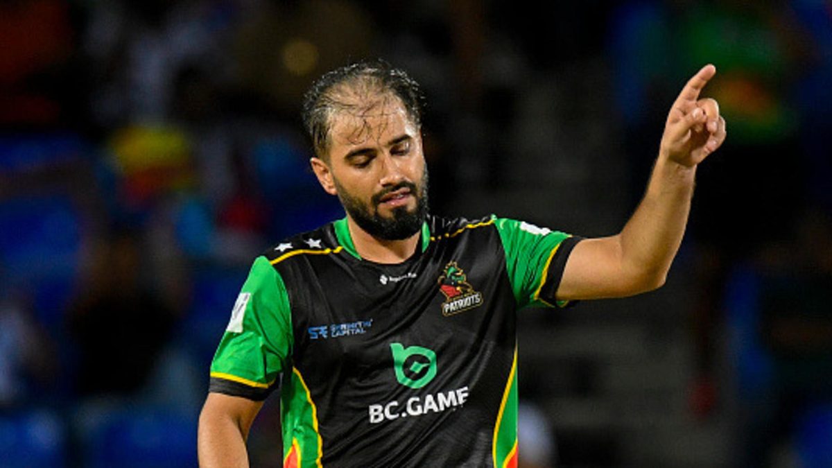 Waqar Salamkheil of Saint Kitts and Nevis Patriots celebrates the dismissal of Fabian Allen of Antigua and Barbuda Falcons during the Men's 2025 Republic Bank Caribbean Premier League match 1 between Saint Kitts and Nevis Patriots and Antigua and Barbuda Falcons at Warner Park Sporting Complex on August 14, 2025 in Basseterre, Saint Kitts and Nevis