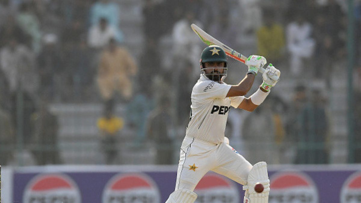 Babar Azam of Pakistan hits out during the first day of the first Test between Pakistan and England at Multan Cricket Stadium on October 07, 2024 in Multan, Pakistan