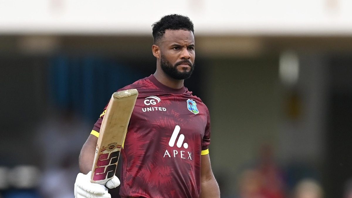 Shai Hope celebrates his 17th ODI century, putting him joint-third in West Indies' all-time list