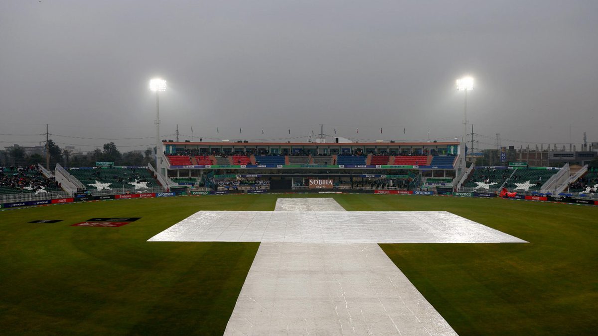 General view inside the stadium as covers are seen over the pitch ahead of the ICC Champions Trophy 2025 match between Australia and South Africa at Rawalpindi Cricket Stadium on February 25, 2025 in Rawalpindi, Pakistan