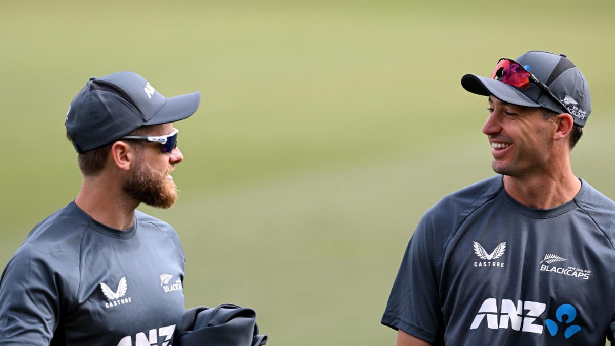 Kane Williamson talks with Will Young during a New Zealand training session at Hagley Oval on November 27, 2024 in Christchurch, New Zealand