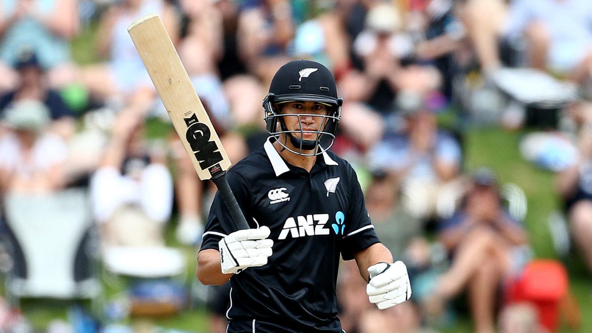 Ross Taylor of the Black Caps celebrates his half century during Game 3 of the One Day International series between New Zealand and Bangladesh at University Oval on February 20, 2019 in Dunedin, New Zealand