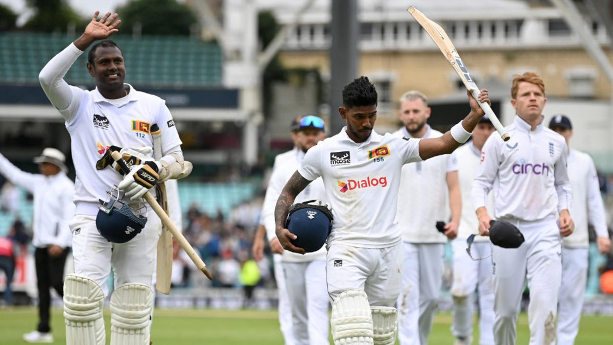 Angelo Mathews and Pathum Nissanka of Sri Lanka leave the field after winning the 3rd Test Match between England and Sri Lanka at The Kia Oval