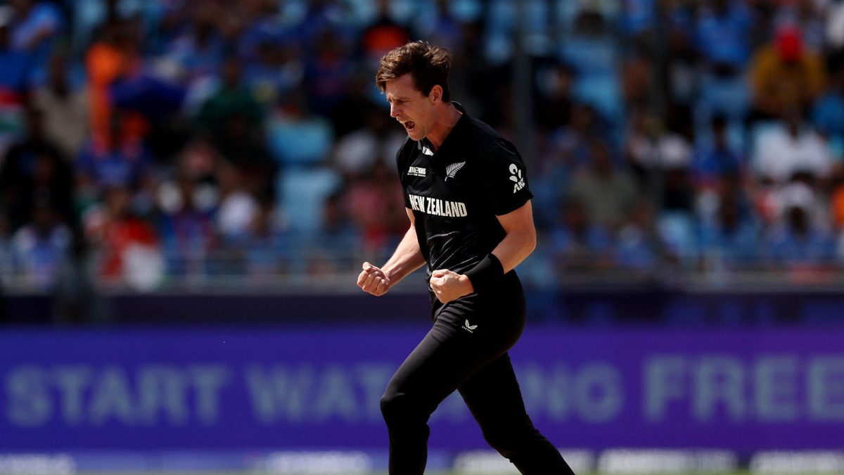 Matt Henry of New Zealand celebrates after taking the wicket of Shubman Gill of India (not pictured), which is later awarded after an LBW decision, during the ICC Champions Trophy 2025 match between New Zealand and India at Dubai International Cricket Stadium on March 02, 2025 in Dubai, United Arab Emirates
