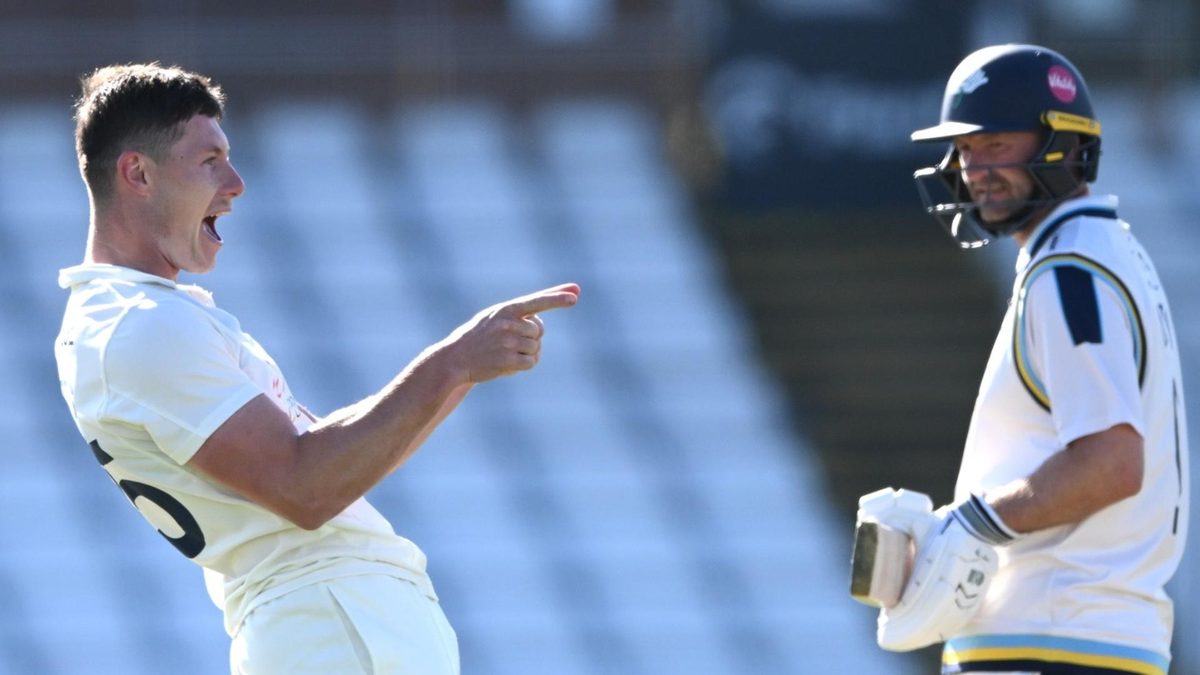 Matt Potts celebrates a wicket during the 2025 County Championship