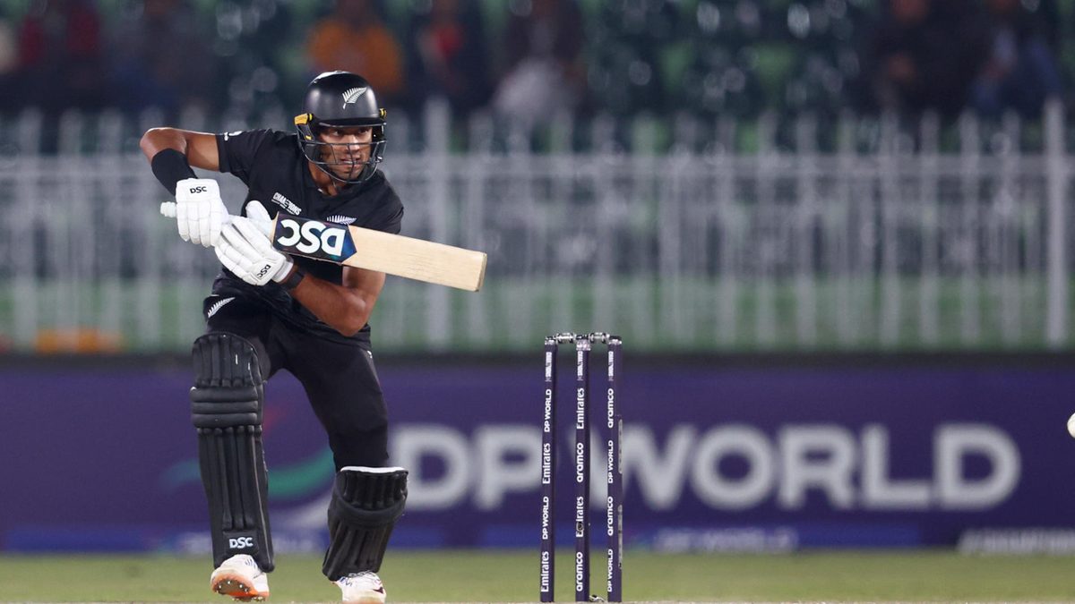 Rachin Ravindra of New Zealand plays a shot during the ICC Champions Trophy 2025 match between Bangladesh and New Zealand at Rawalpindi Cricket Stadium on February 24, 2025 in Rawalpindi, Pakistan