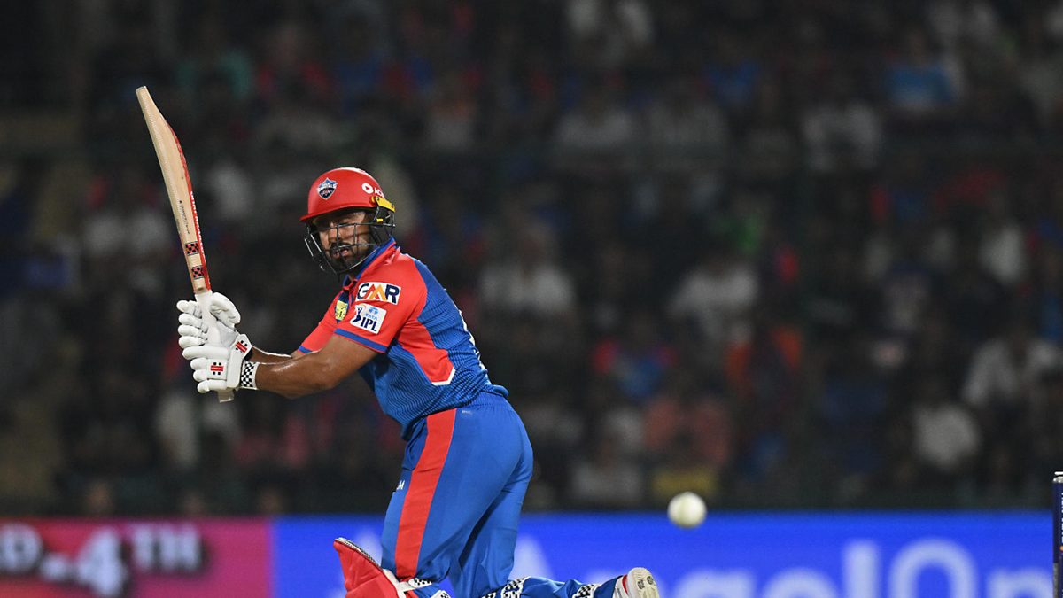 Karun Nair of Delhi Capitals plays a shot during the 2025 IPL match between Delhi Capitals and Kolkata Knight Riders at Arun Jaitley Stadium on April 29, 2025, in Delhi, India