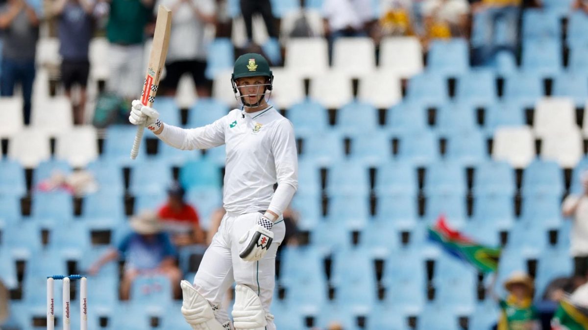 Corbin Bosch salutes the crowd playing for South Africa in a Test match