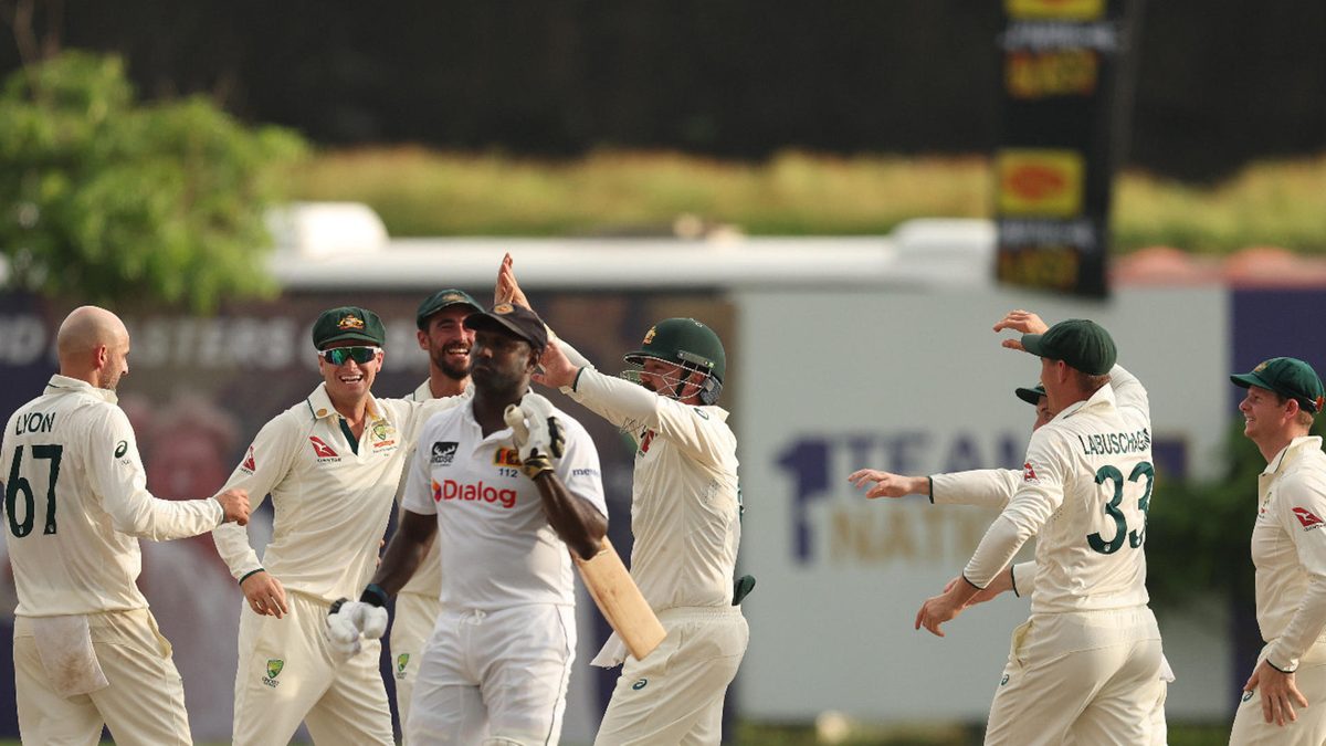Nathan Lyon of Australia celebrates after taking the wicket of Angelo Mathews of Sri Lanka during day two of the First Test match in the series between Sri Lanka and Australia at Galle International Stadium on January 30, 2025 in Galle, Sri Lanka