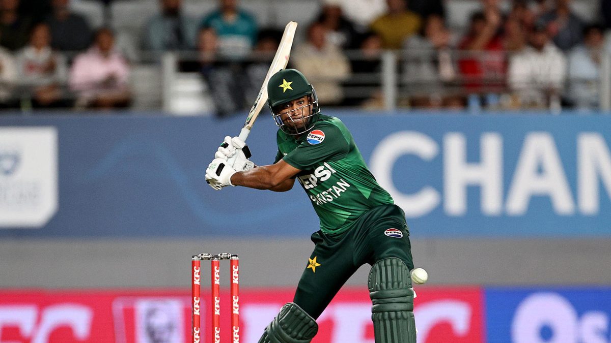 Hassan Nawaz of Pakistan plays a shotduring game three of the Men's T20 series between New Zealand and Pakistan at Eden Park, on March 21, 2025, in Auckland, New Zealand