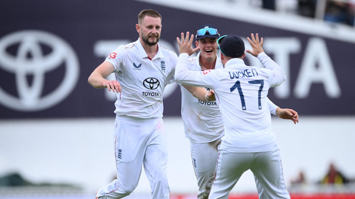 Gus Atkinson of England celebrates running out Shubman Gill of India during Day One of the 5th Rothesay Test Match between England and India at The Kia Oval on July 31, 2025 in London, England