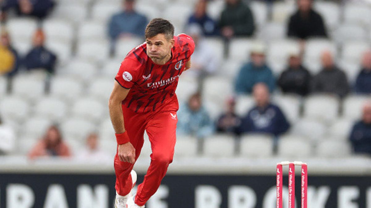 James Anderson of Lancashire Lightning bowls during the Vitality Blast Men match between Lancashire Lightning and Leicestershire Foxes at Emirates Old Trafford on June 04, 2025 in Manchester, England