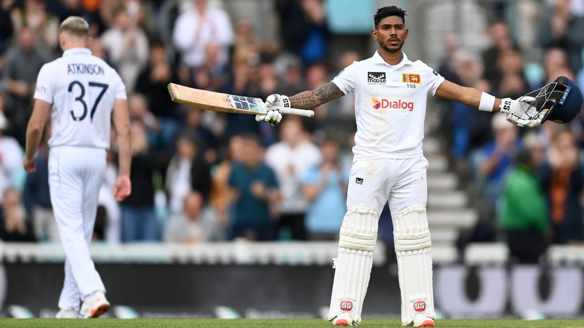 Pathum Nissanka celebrates his century against England at The Oval