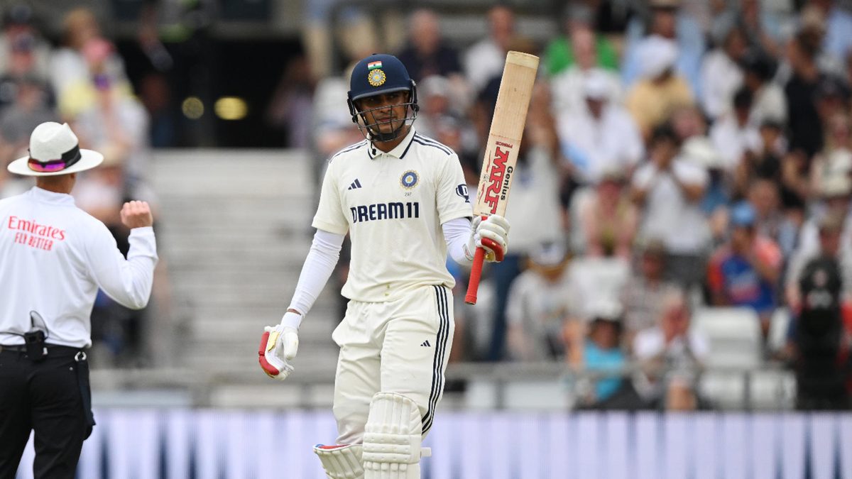 Shubman Gill of India salutes the crowd after reaching his half century during day one of the Rothesay Test Match between England and India at Headingley on June 20, 2025 in Leeds, England
