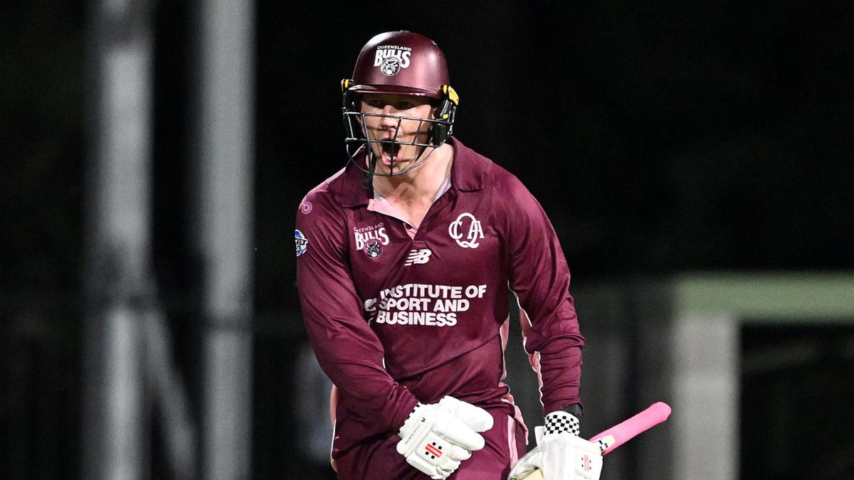 Hugh Weibgen of the Bulls celebrates victory during the One Day Cup match between Queensland and Western Australia at Allan Border Field, on September 21, 2025, in Brisbane, Australia
