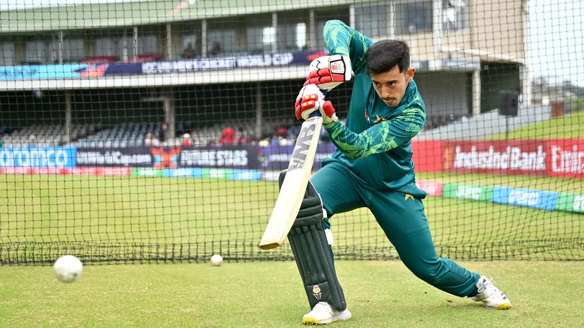 Azan Awais of Pakistan warms up prior to the ICC U19 Men's Cricket World Cup South Africa 2024 match between Pakistan and New Zealand at Buffalo Park on January 27, 2024 in East London, South Africa
