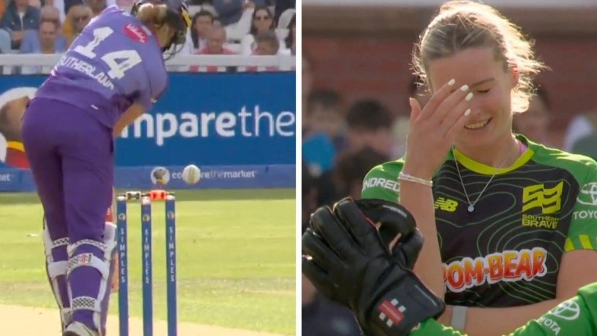 Lauren Bell reacts after zing bail lights up but doesn't fall from stumps