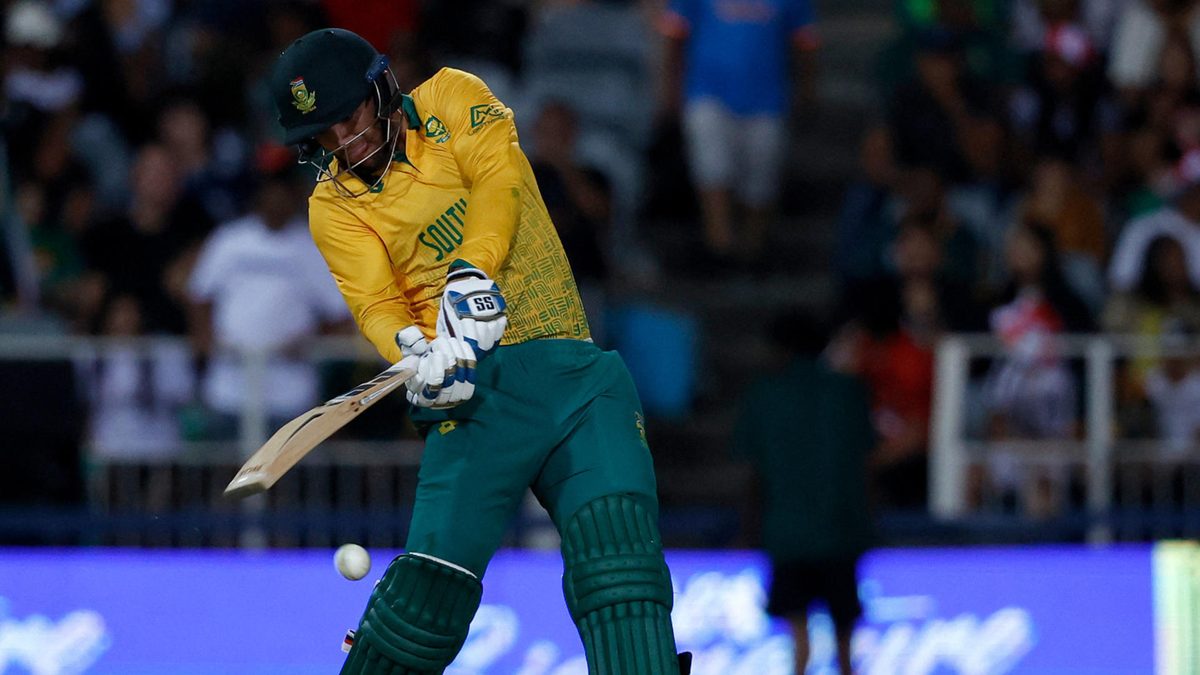 South Africa's Donovan Ferreira plays a shot during the third T20 cricket match between South Africa and India at the Wanderers Stadium in Johannesburg on December 14, 2023