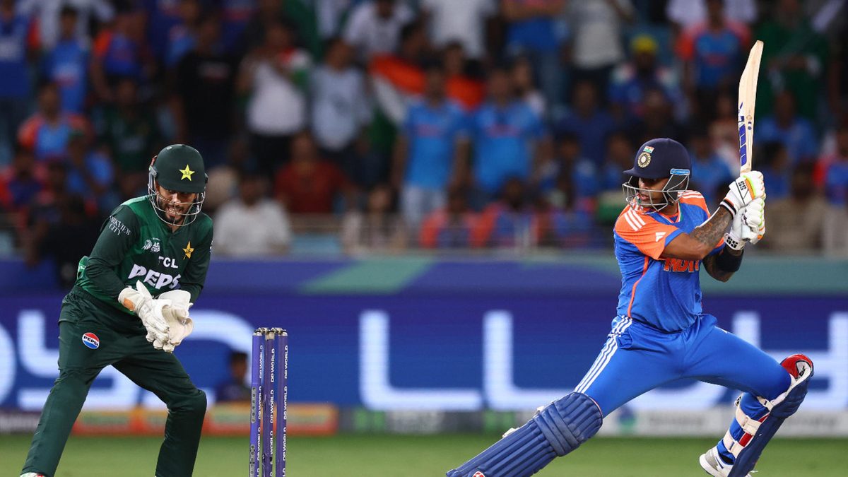Suryakumar Yadav of India bats during the Asia Cup match between India and Pakistan at Dubai International Stadium on September 14, 2025 in Dubai, United Arab Emirates