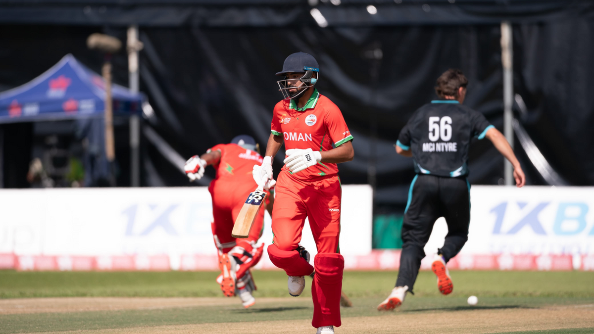Oman batters take a single during their Hong Kong Super Six 'Bowl' match against New Zealand