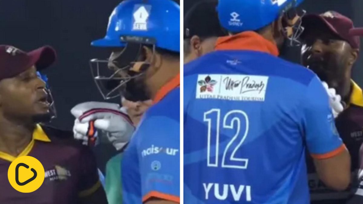 Yuvraj Singh and Tino Best engage in a heated exchange in the final of the International Masters League