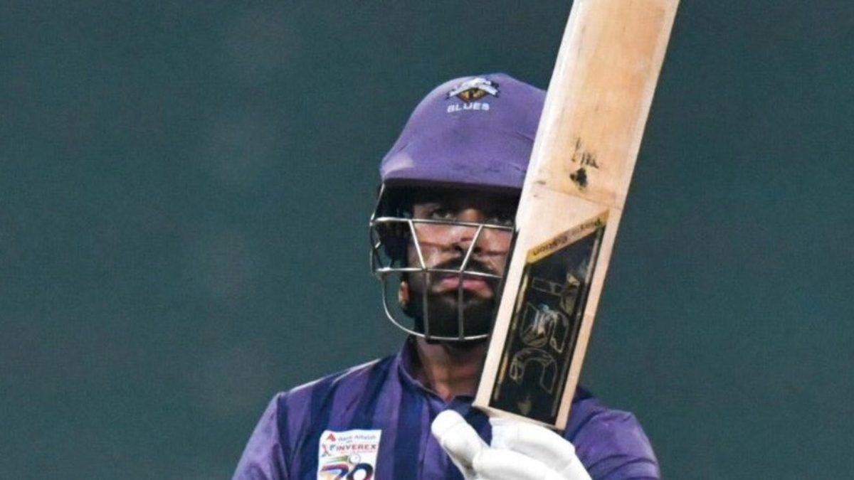 Abdullah Fazal celebrates his century in the National T20 Cup
