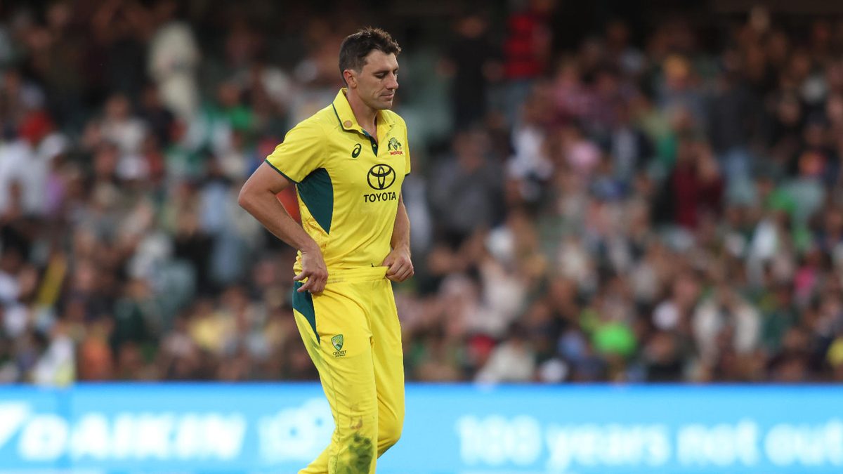 Pat Cummins of Australia reacts during game two of the Men's ODI series between Australia and Pakistan at Adelaide Oval on November 08, 2024 in Adelaide, Australia