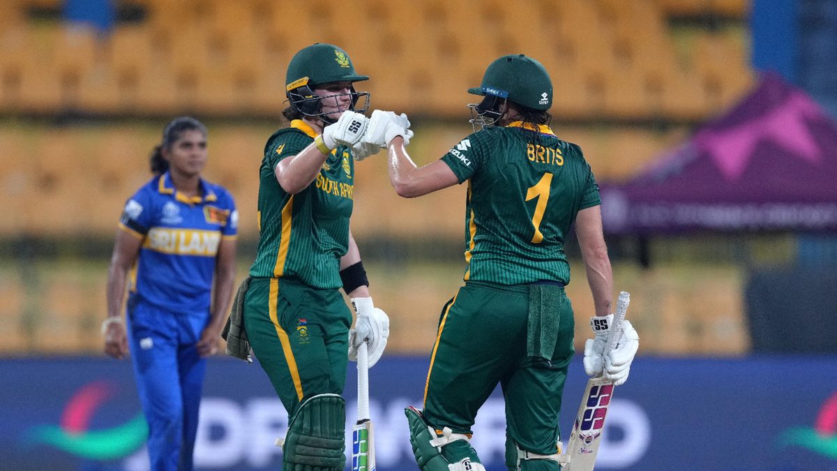 Laura Wolvaardt of South Africa celebrates with team mate Tazmin Brits following victory in the ICC Women's Cricket World Cup India 2025 match between South Africa and Sri Lanka at R. Premadasa Stadium on October 17, 2025 in Colombo, Sri Lanka