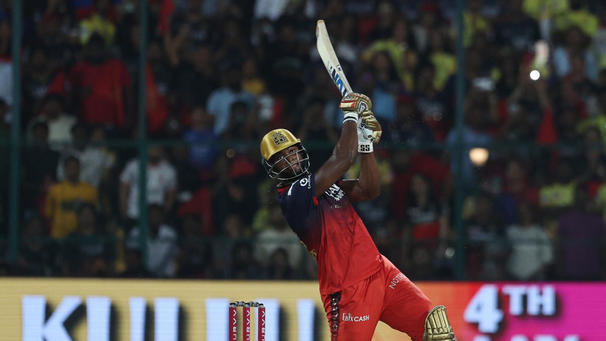 Romario Shepherd of Royal Challengers Bengaluru play a shot during the 2025 IPL match between Royal Challengers Bengaluru and Chennai Super Kings at M Chinnaswamy Stadium on May 3, 2025, in Bengaluru, India
