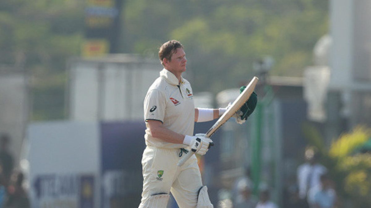 Steve Smith of Australia reacts after scoring a century during day two of the Second Test match in the series between Sri Lanka and Australia at Galle International Stadium on February 07, 2025 in Galle, Sri Lanka