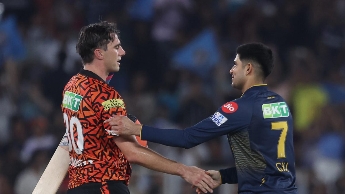 Shubman Gill of Gujrat Titans and Pat Cummins of Sunrisers Hyderabad shake hands after the 2025 IPL match between Gujarat Titans and Sunrisers Hyderabad at Narendra Modi Stadium on May 2, 2025, in Ahmedabad, India