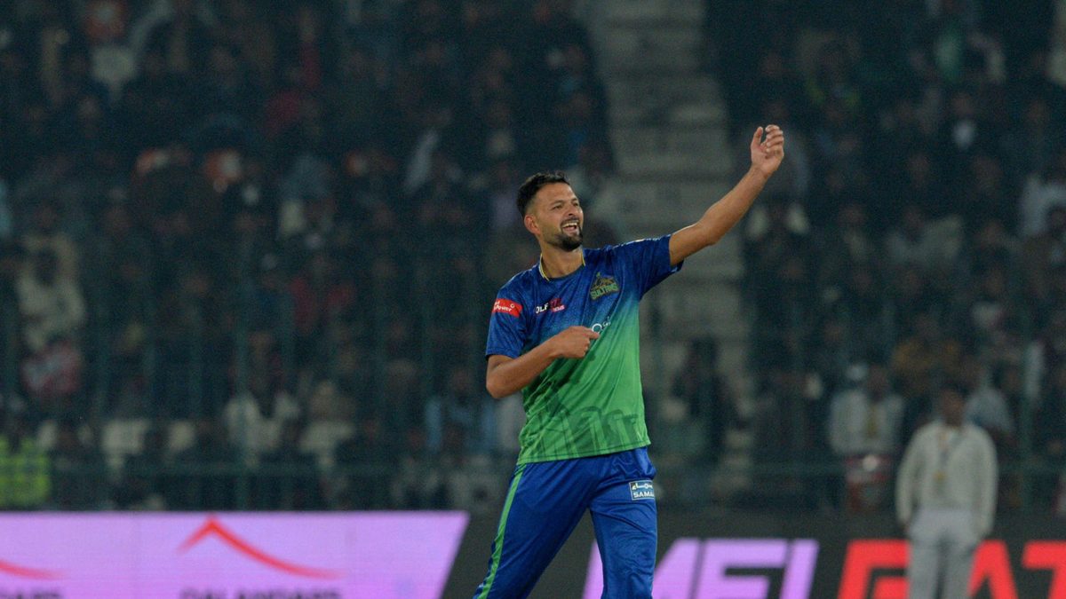 Multan Sultans Ihsanullah celebrates the wicket of Lahore Qalandars' Kamran Ghulam (not pictured) during the Pakistan Super League (PSL) Twenty20 cricket match between Multan Sultans and Lahore Qalandars at Multan Cricket Stadium in Multan on February 13, 2023