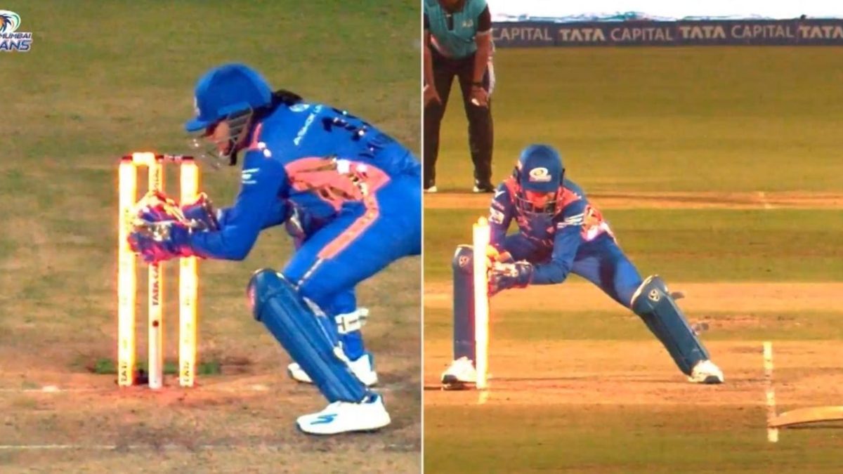 A splitscreen of the pivotal runout decision at the end of the Delhi Capitals-Mumbai Indians Women's Premier League clash