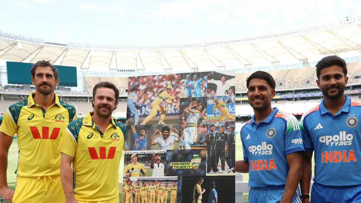 Travis Head and Mitchell Starc of Australia & Nitish Kumar Reddy and Dhruv Jurel of India during the BKT Tyres Men's ODI Series Launch at Perth Stadium on October 17, 2025 in Perth, Australia