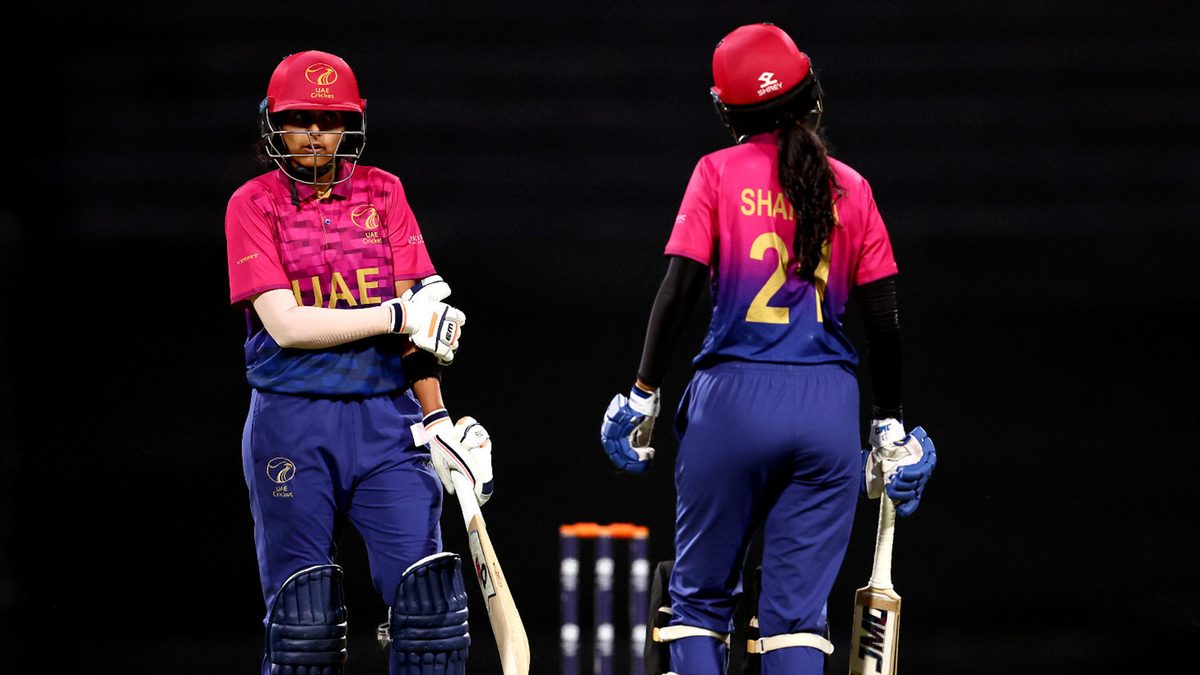 Esha Oza and Khushi Sharma of United Arab Emirates in bat during the ICC Women's T20 World Cup Qualifier 2024 Semi-Final match between United Arab Emirates and Sri Lanka at Zayed Cricket Stadium on May 05, 2024 in Abu Dhabi, United Arab Emirates