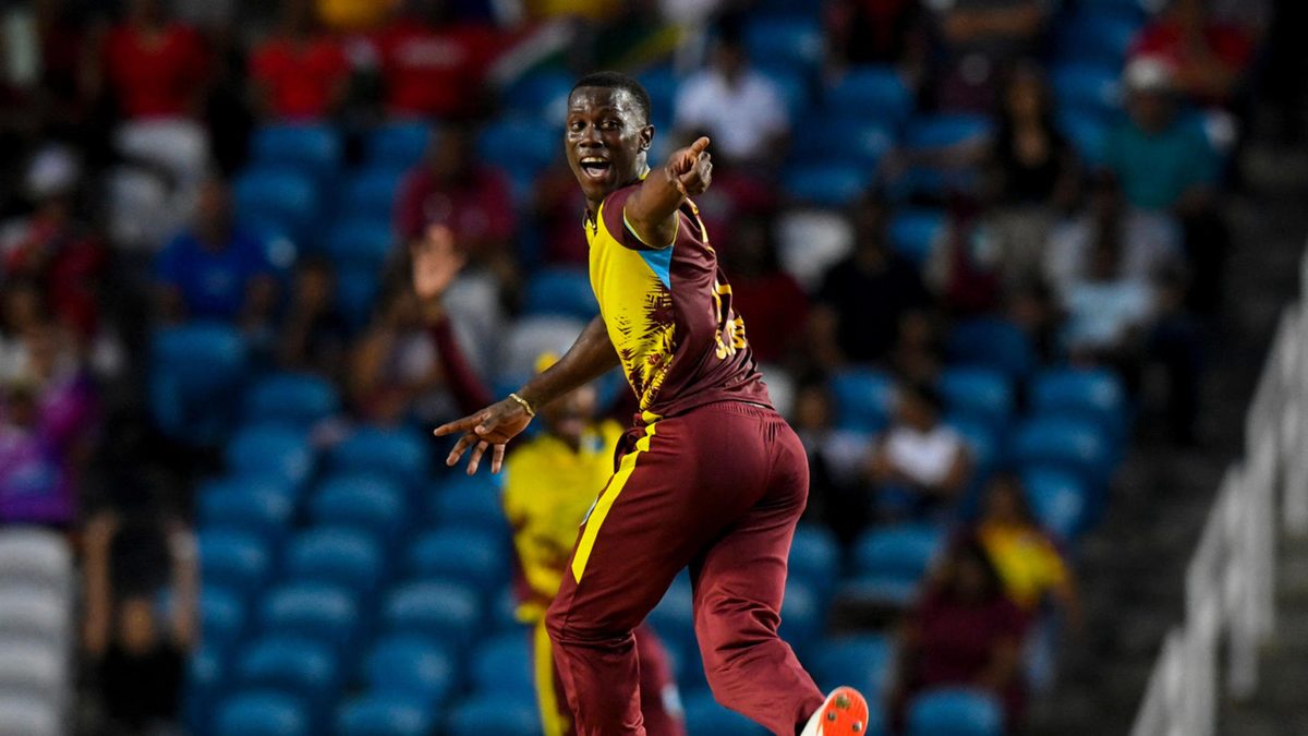 Shamar Joseph of West Indies celebrates the dismissal of Lizaad Williams of South Africa during the 2nd T20i match between West Indies and South Africa at Brian Lara Cricket Academy Stadium in Tarouba, San Fernando, Trinidad and Tobago, on August 25, 2024