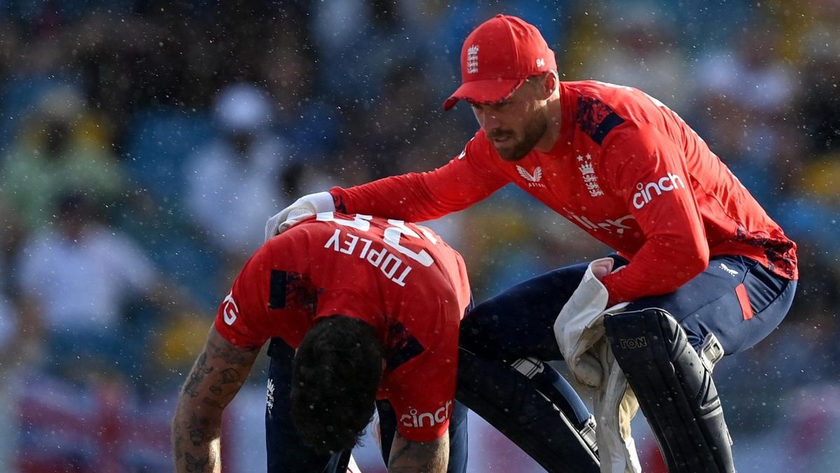 Reece Topley was injured during the first WI v ENG T20I