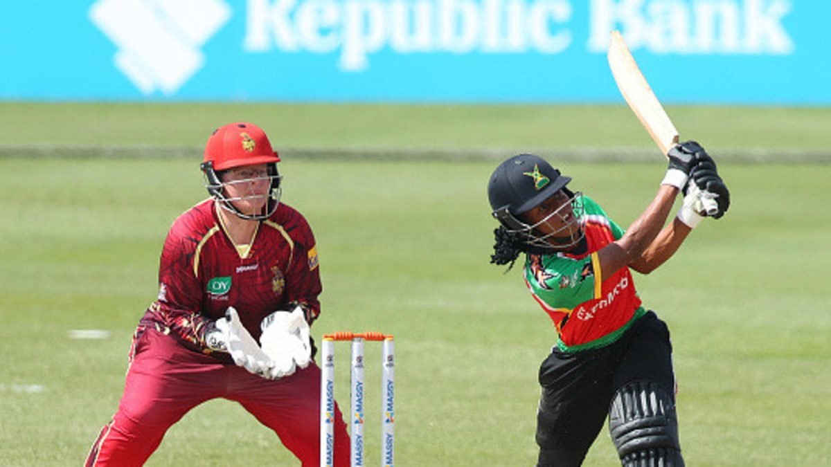 Realeanna Grimmond of Guyana Amazon Warriors batting during the Women's 2025 Massy Caribbean Premier League match between Guyana Amazon Warriors v Trinbago Knight Riders at Providence Stadium on September 06, 2025 in Georgetown, Guyana