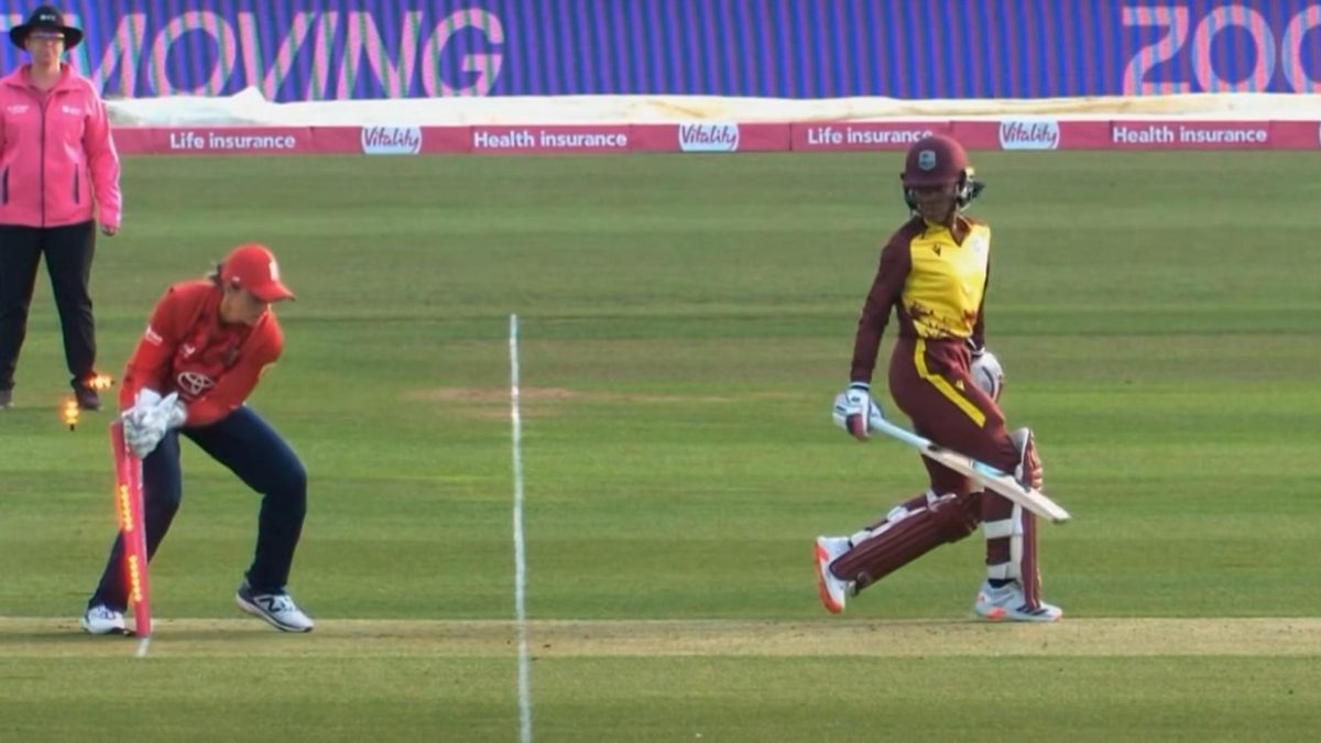 West Indies' Realeanna Grimmond was run out in extraordinary fashion against England on Wednesday (May 21).
