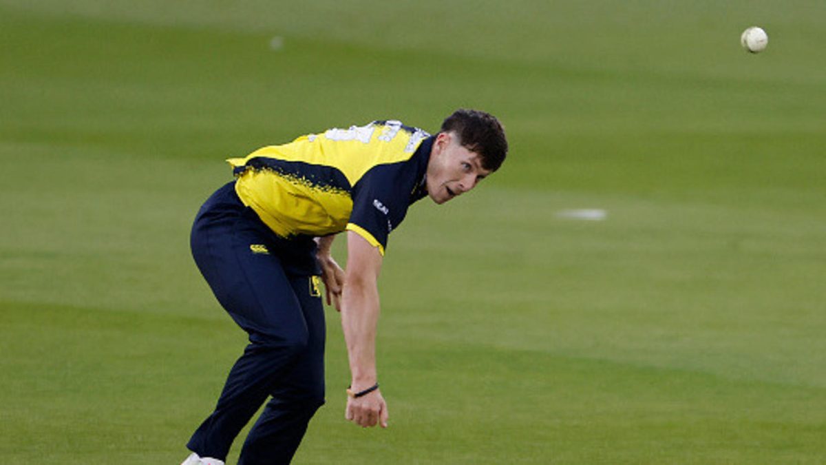 Durham's Matthew Potts is bowling during the Vitality T20 Blast match between Durham and Leicestershire Foxes at the Seat Unique Riverside in Chester le Street, England, on Wednesday, June 12, 2024