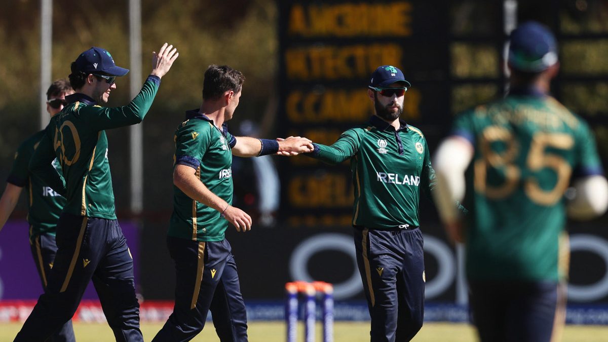 Andrew Balbirnie of Ireland celebrates with teammates after running out Mohammad Waseem (not pictured) of United Arab Emirates during the ICC Men's Cricket World Cup Qualifier Zimbabwe 2023 match between the Ireland and UAE at Bulawayo Athletic Club on June 27, 2023 in Bulawayo, Zimbabwe