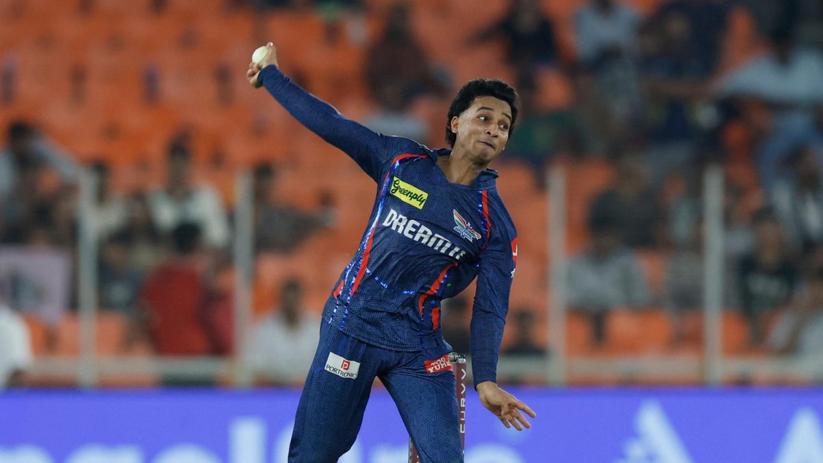 Ayush Badoni of Lucknow Super Giants delivers a ball during the 2025 IPL match between Gujarat Titans and Lucknow Super Giants at Narendra Modi Stadium on May 22, 2025, in Ahmedabad, India