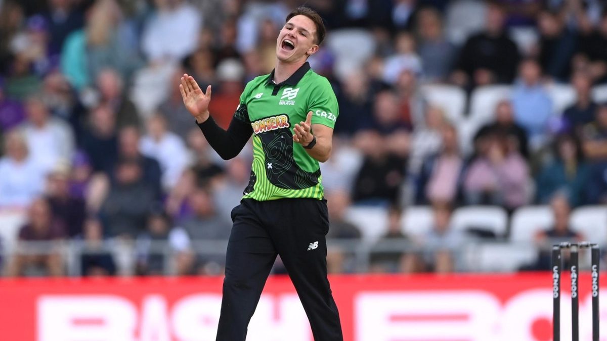 Sonny Baker celebrates getting Harry Brook out in The Hundred