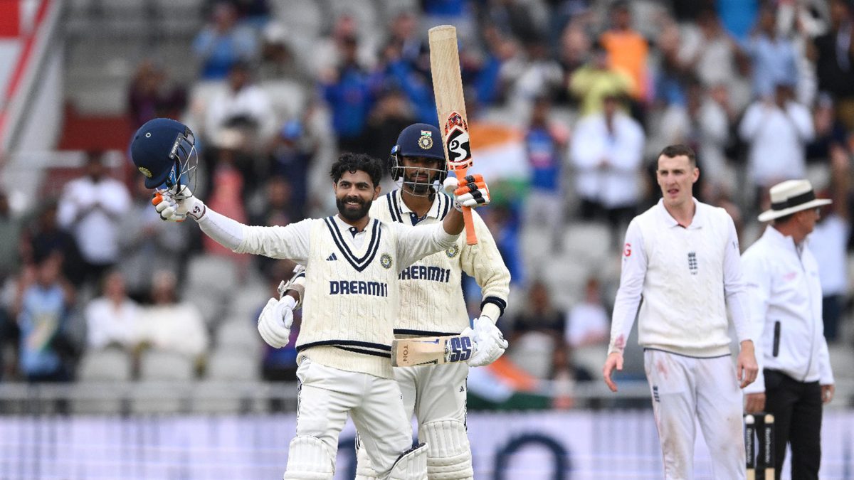 India batsman Ravindra Jadeja celebrates his century with Washington Sundar during day five of the 4th Test Match between England and India at Emirates Old Trafford on July 27, 2025 in Manchester, England