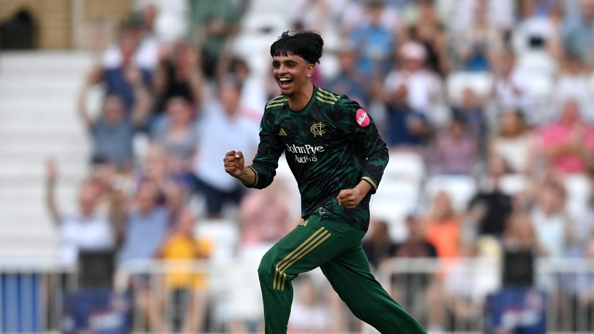 Farhan Ahmed of Nottinghamshire celebrates dismissing Mitchell Stanley of Lancashire to complete a hat trick during the Vitality Blast match between Nottinghamshire Outlaws and Lancashire Lightning at Trent Bridge on July 18, 2025 in Nottingham, England