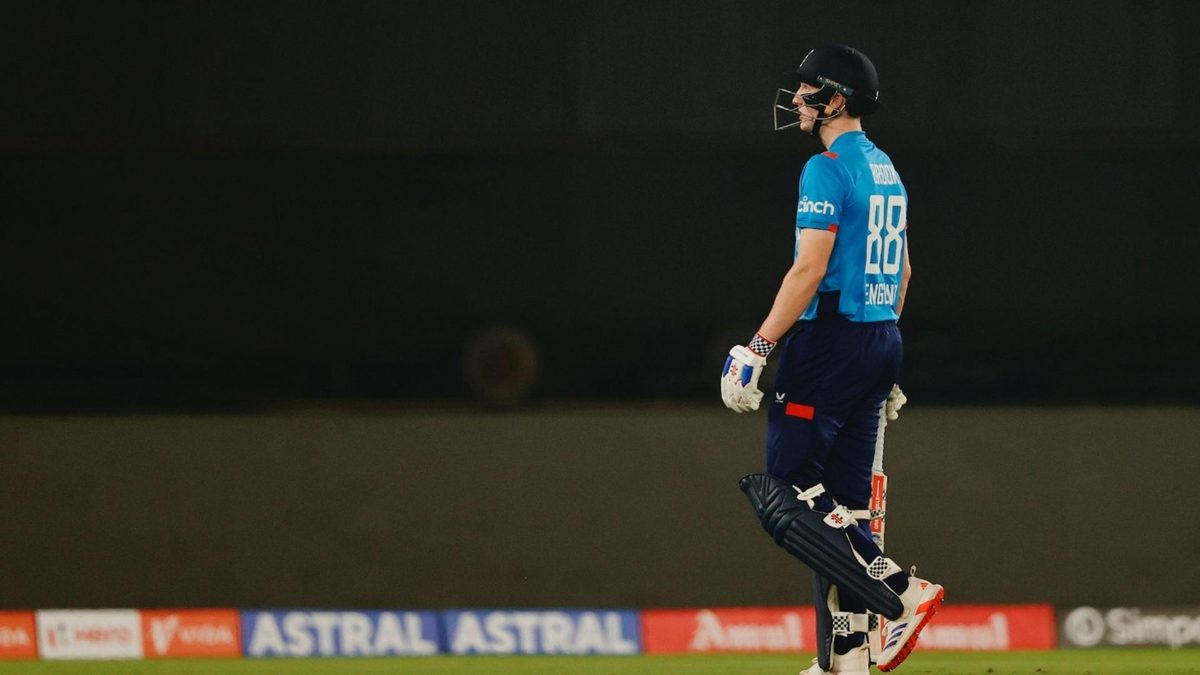 Harry Brook walks off the field after getting out in Ahmedabad