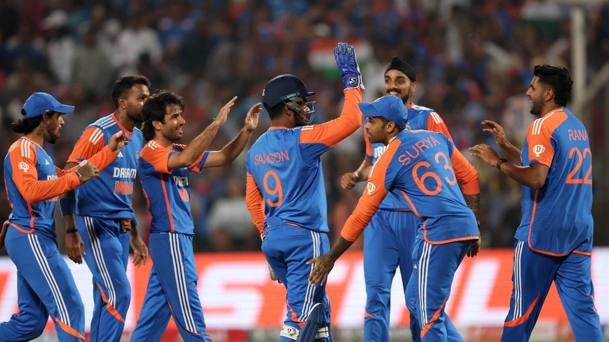 Ravi Bishnoi of India celebrates with teammates after dismissing Jos Buttler of England during the 4th T20 International between India and England at Maharashtra Cricket Association Stadium on January 31, 2025 in Pune, India