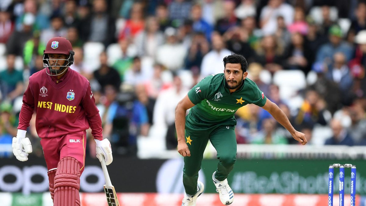 Hasan Ali of Pakistan bowls as Shai Hope of West Indies bats during the Group Stage match of the ICC Cricket World Cup 2019 between West Indies and Pakistan at Trent Bridge on May 31, 2019 in Nottingham, England
